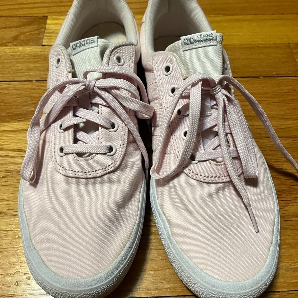 Baby pink Adidas  canvas lace-up sneakers. Very light wear, women’s sz. 11